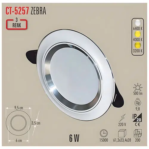 CATA 6W CT-5257 ZEBRA LED ARMATÜR (BEYAZ-KROM) 3 RENK CATA 6W CT-5257 ZEBRA LED ARMATÜR (BEYAZ-KROM) 3 RENK